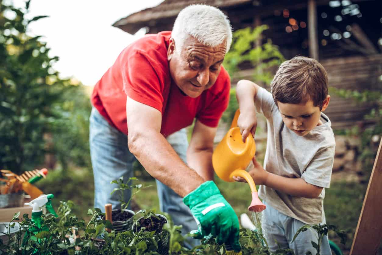 Grandfather and grandson in a garden