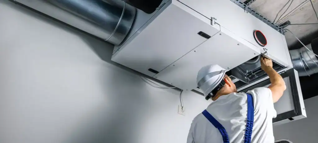 A worker in a white hard hat and blue overalls stands on a ladder, inspecting or repairing a large metal ventilation duct system mounted on a ceiling. The setting appears to be an industrial or commercial facility with visible pipes and ducts.
