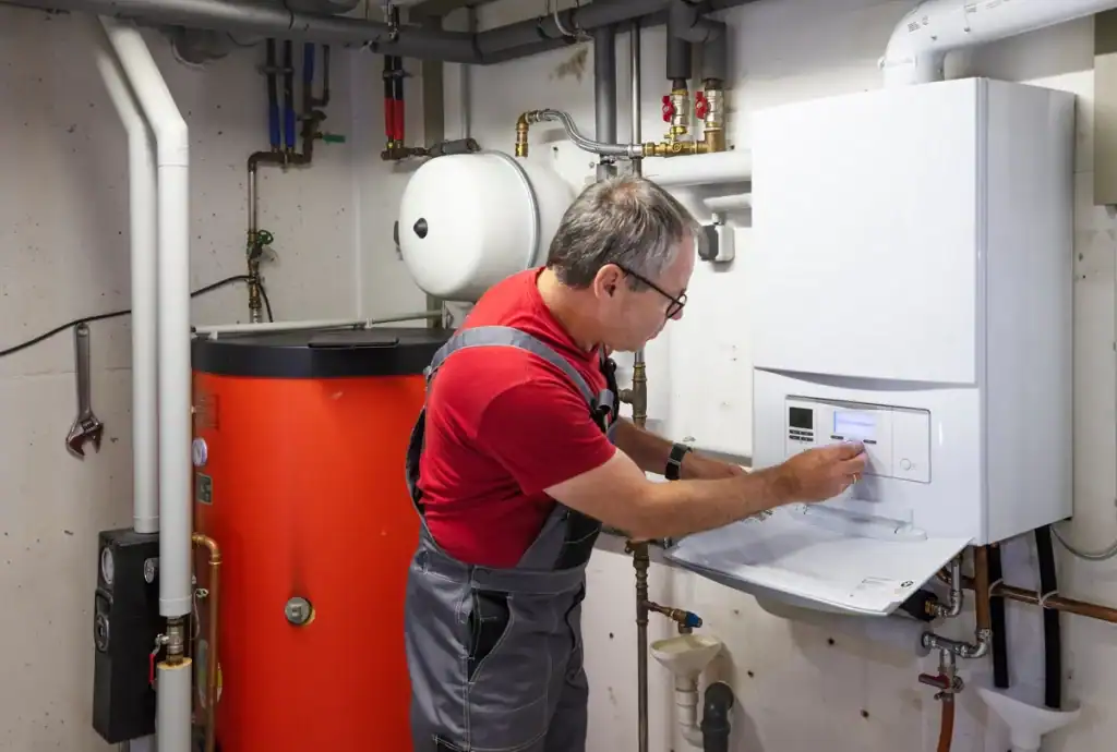 A man in overalls adjusts a control on a white boiler in a utility room. Pipes and a red water tank are visible in the background.