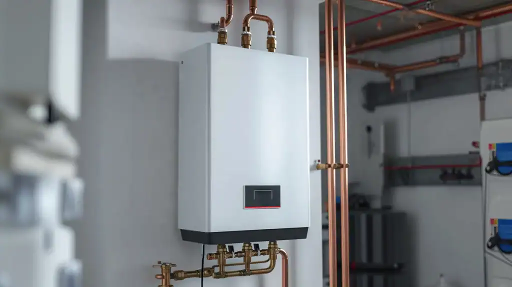 A modern white wall-mounted boiler with copper pipes is installed in a utility room. The boiler has a rectangular shape with a control panel at the front, surrounded by additional piping and electrical equipment.