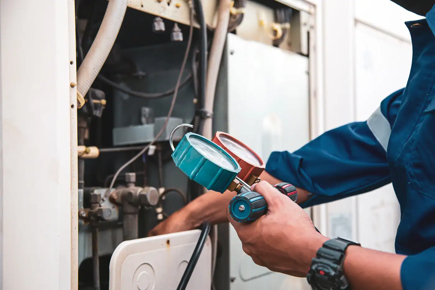 A technician in a blue uniform checks pressure gauges while servicing industrial equipment, focusing on tubes and controls. His hands hold blue and red marked gauges, with other tools visible in the background.