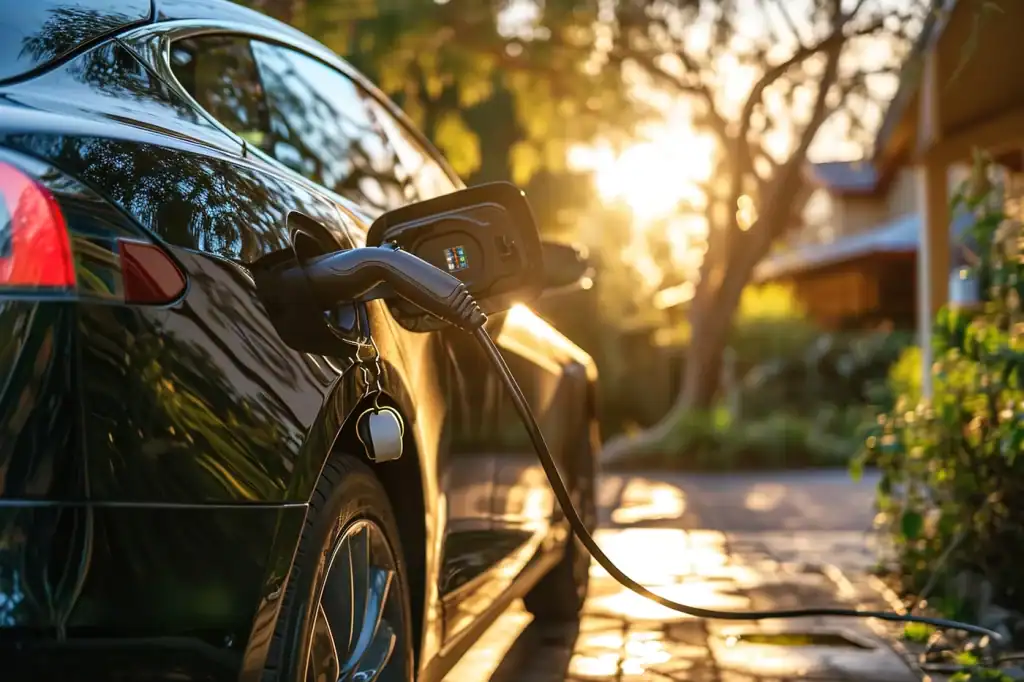 An electric car is plugged in and charging in a sunlit driveway. The shiny black vehicle reflects the warm glow of the setting sun, with trees and foliage in the background creating a serene atmosphere.