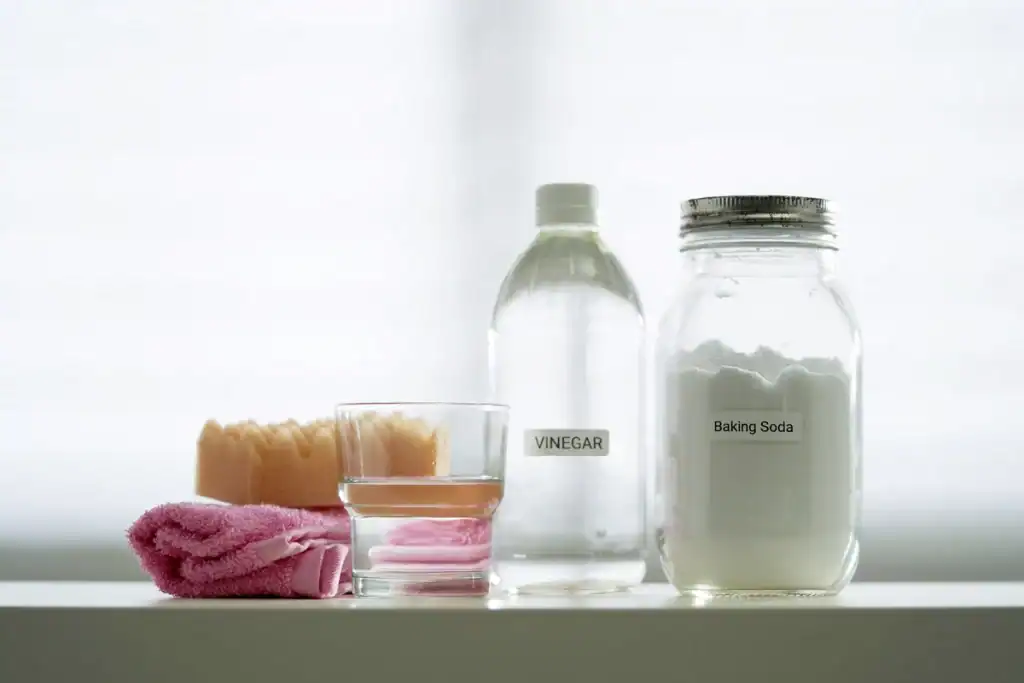 Various cleaning supplies are displayed, including a bottle labeled "Vinegar," a jar labeled "Baking Soda," a small brush, a glass of liquid, and a folded pink cloth. The background is softly lit with diffuse white light, highlighting the clean and minimalistic look—perfect for showcasing 5 Methods to Clean Limescale and Hard Water Stains.