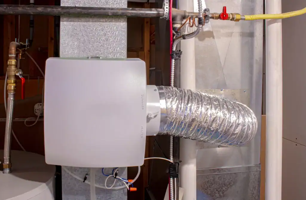 A Whole-Home Humidifier is seamlessly integrated into the HVAC system, boasting a sleek white rectangular design. 