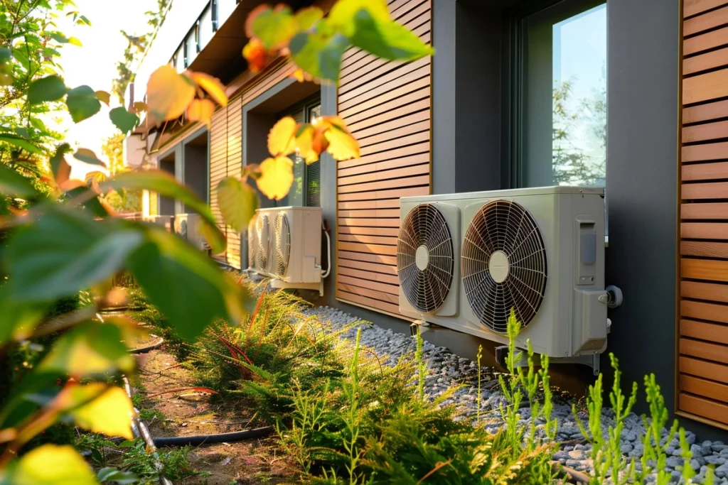 Three outdoor air conditioning units, ideal as a mini-split for your home or cabin, are installed on the side of a modern building with wooden panels. The units are situated above a bed of greenery and small shrubs, and morning sunlight illuminates the scene.