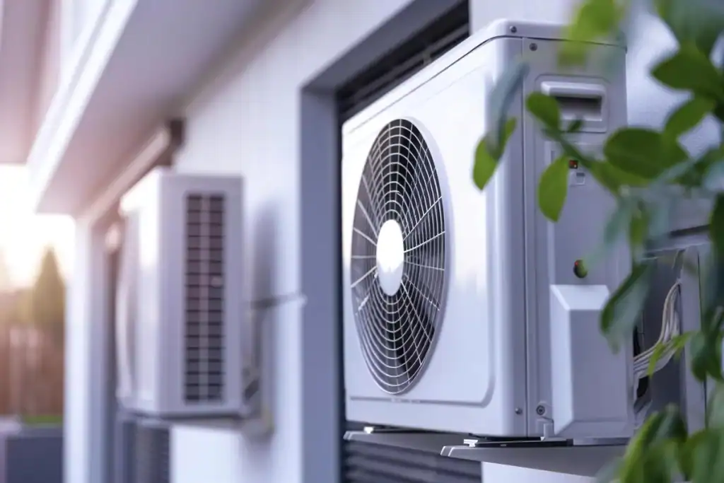 Two outdoor mini-split air conditioning units are mounted on the exterior wall of a building. One unit is closer in view, with a visible ventilation fan and controls, while the other unit is in the background. Green plant leaves are partially visible in the foreground, adding a touch of nature to your home or cabin.