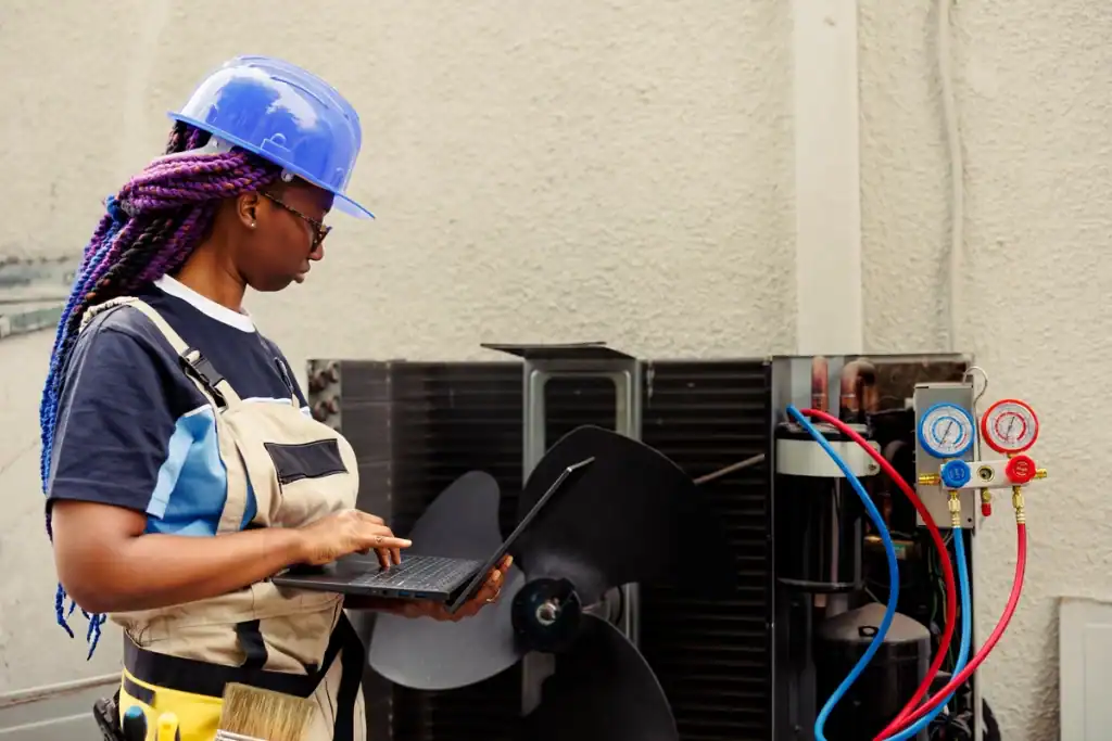 A technician with long braided hair, wearing a blue hard hat and overalls, is troubleshooting an HVAC unit with a laptop. The scene is outdoors, featuring various gauges and colored hoses attached to the equipment. It appears they're diagnosing why the air conditioner isn't working efficiently.