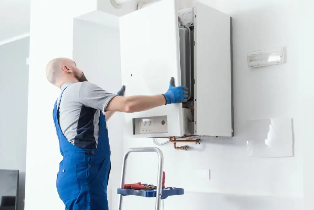 A technician wearing blue overalls and gloves is working on a wall-mounted boiler. He uses a step ladder to reach the device and has a tool tray with various tools on the ladder below him. In the room, which has white walls and an electronically controlled thermostat visible, it's easy to see why HVAC companies in Saint Paul are highly recommended for their expertise.