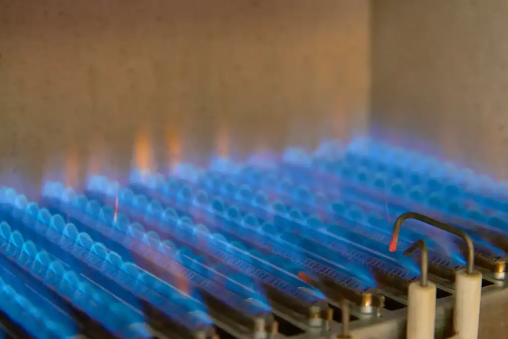 Close-up of a row of blue gas flames evenly burning on a metal stovetop, reminiscent of searching for where the pilot light on a furnace might be found. The flames are bright with orange tips, aligned under a metal grate, set against a neutral background.
