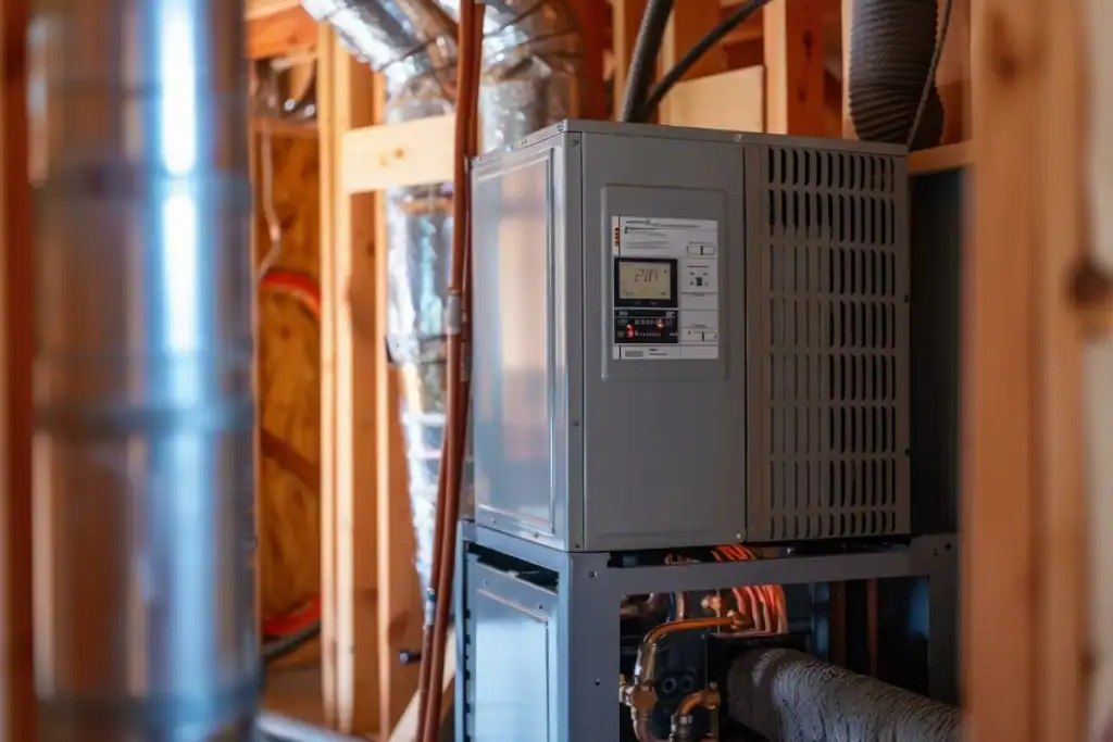 A home HVAC system is installed in a wooden-framed utility space, featuring a digital control panel displaying a temperature of 20.5°C. Visible pipes and ductwork indicate heating and cooling functions, showcasing various types of furnaces integrated seamlessly into the design.