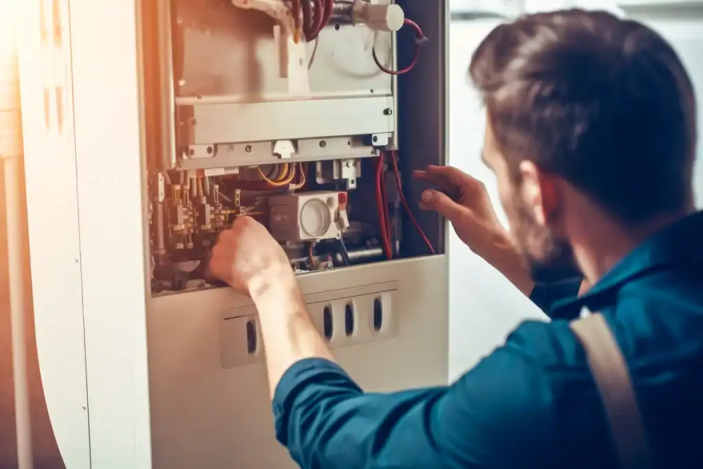 A man in a blue shirt is repairing an open boiler, skillfully adjusting components inside. The well-lit image highlights the intricate details of the boiler's internal parts, reminiscent of a meticulous furnace tune-up.