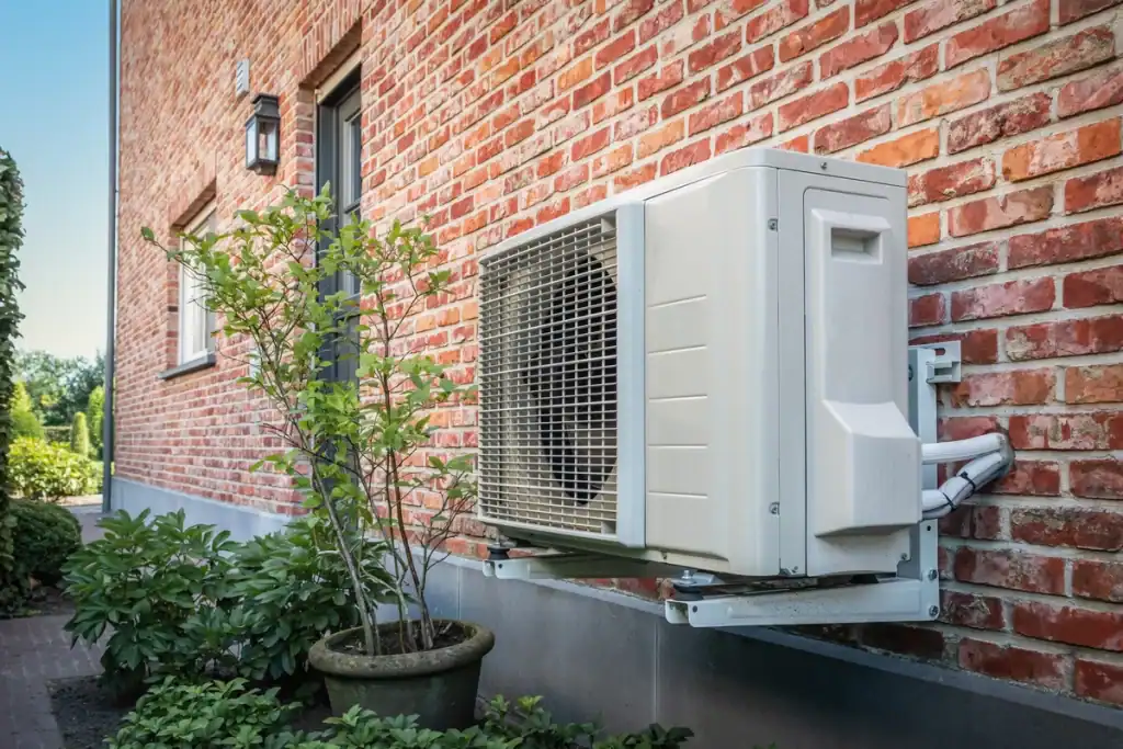 An external air conditioning unit mounted on a brick wall of a house. A small tree and a bush in pots are nearby. The wall features a door and an outdoor light fixture.