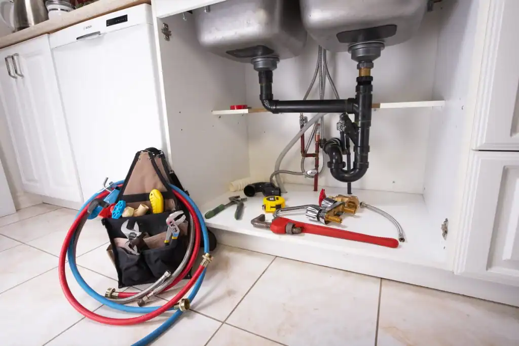 A kitchen sink cabinet is open, revealing plumbing basics like pipes and fixtures. Various tools and supplies are spread out underneath, including wrenches, a hammer, and a tool bag with additional tools. The scene indicates an ongoing plumbing repair or installation.