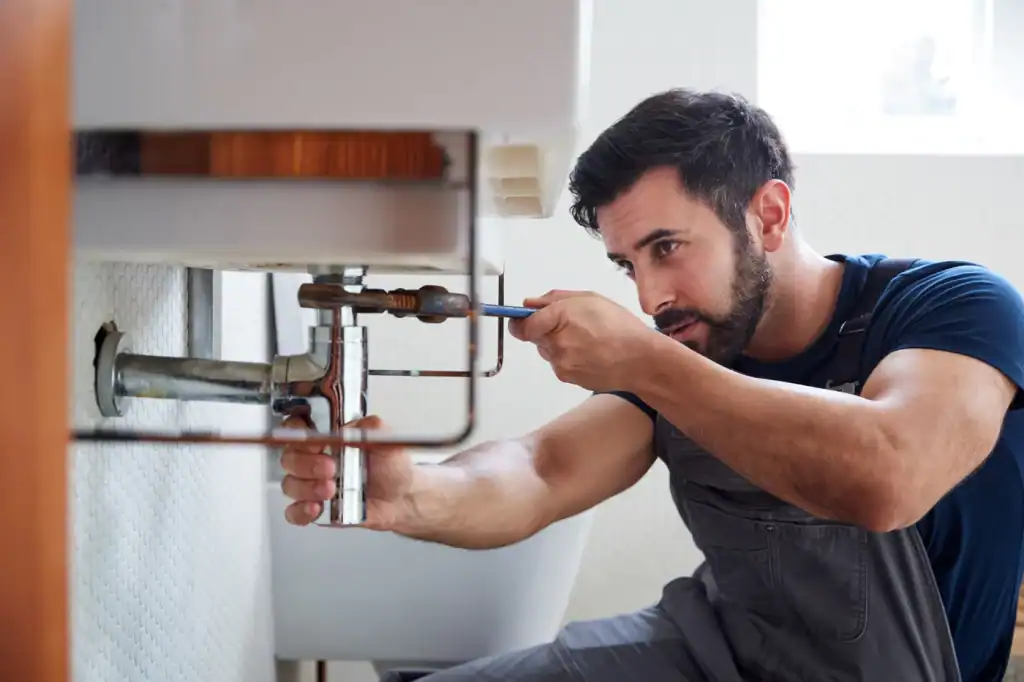 A plumber in overalls uses a wrench to repair pipes under a sink in a bright bathroom setting. With keen focus, he tightens connections to stop leaks and enhance functionality, raising the question: how much does a plumber cost for such expert service?