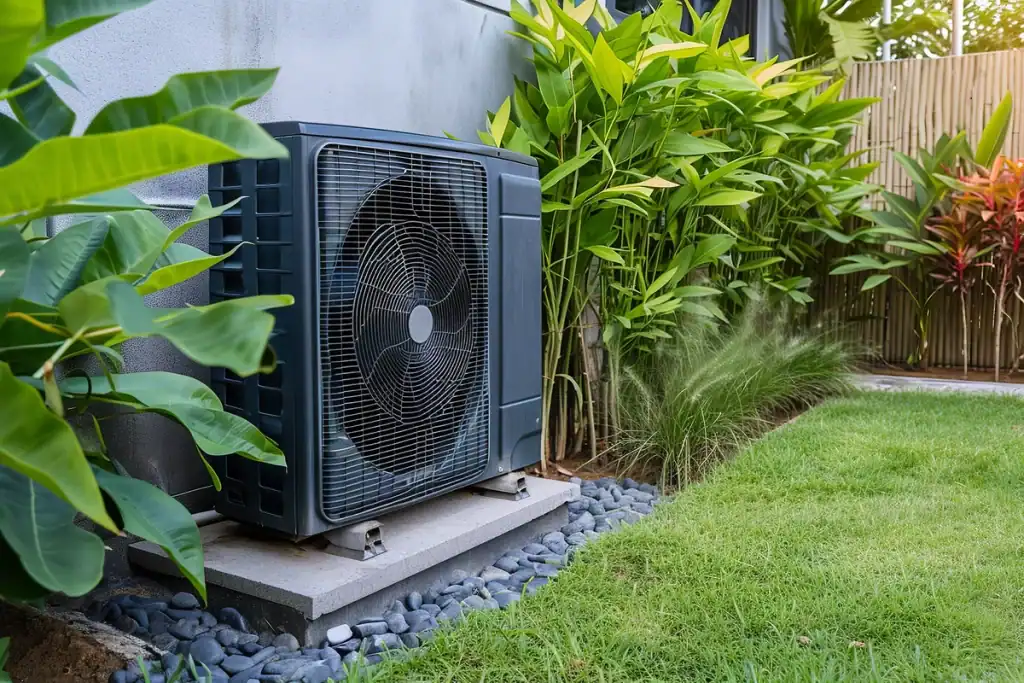 A modern outdoor air conditioning unit, which includes essential parts of a heat pump, sits on a concrete pad surrounded by grey pebbles. Lush, green foliage and bamboo plants are in the background, along with a neatly manicured lawn. The unit has a large fan and is positioned against the building's exterior wall.