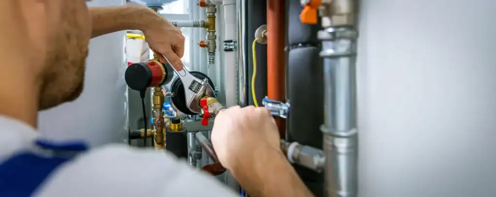 A plumber, expertly wielding a wrench in a compact utility room, navigates the maze of metal pipes and valves. Clad in a blue shirt and tool belt, he exemplifies industrial precision while many wonder: how much does a plumber cost for such meticulous repair work?