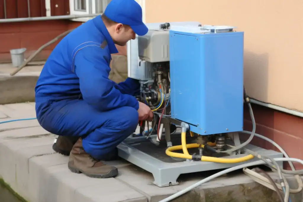 A worker in a blue uniform and cap is inspecting or repairing parts of a heat pump outside a building. He is crouched down, focusing on the wiring and components, with various cables and hoses extending from the machine.
