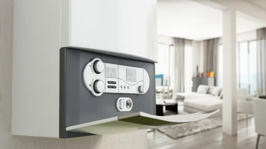 A modern wall-mounted gas boiler with control knobs and digital displays is installed in a bright, spacious living room following a recent boiler replacement. The room features large windows, allowing natural light to illuminate the space, which is decorated with contemporary furniture.