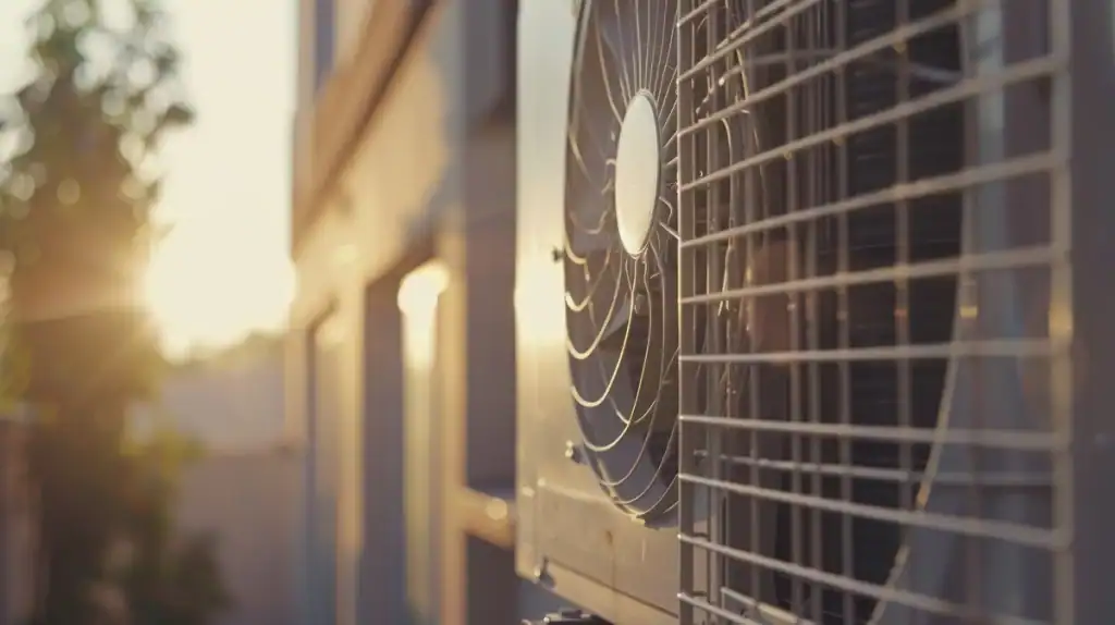 Close-up of an outdoor air conditioning unit, one of the many types of air conditioners, with a fan visible, mounted on the side of a building. The sun is setting in the background, casting a warm glow on the scene.