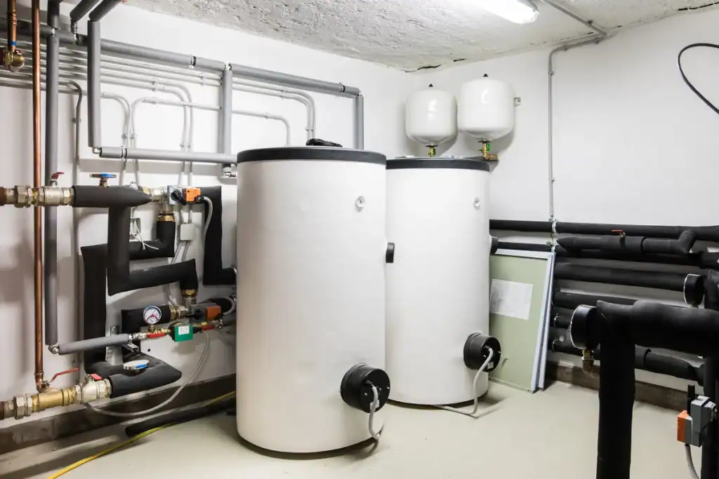 A utility room with two large white cylindrical water heaters, seamlessly integrated for efficient operation. It's brightly lit, with pipes mounted on the walls and two tanks visible at the top. This setup ensures minimal boiler replacement costs over time, optimizing function and budget.