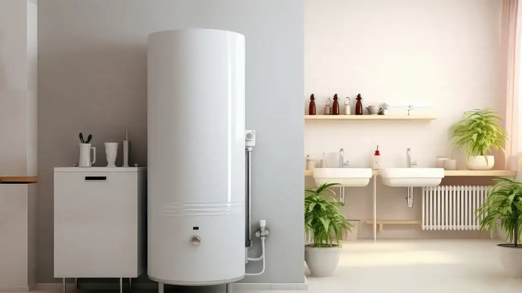 Modern bathroom featuring a sleek white cylindrical boiler next to a cabinet. Two sinks with mirrors and well-organized toiletries are in the background. Potted plants add greenery to the bright, clean space, illustrating the stylish debate of boiler vs water heater designs.