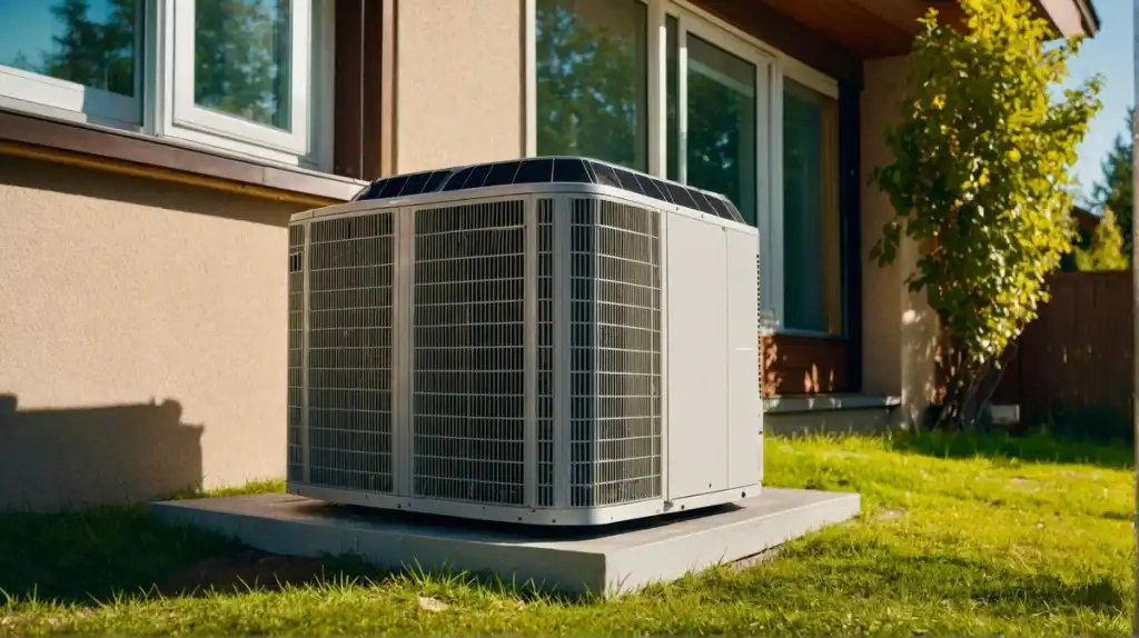 An air conditioning unit, one of the many types of air conditioners, is installed outside a house. It rests on a concrete platform amidst a sunlit lawn, casting shadows. The house features beige walls and large windows offering views of trees in the background.