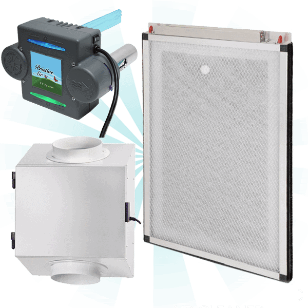 A collage showing three different air purification components against a blue and green background with radial lines: a rectangular metallic filter on the right, a black and gray air purifying device at the top left, and a white box-shaped purifier at the bottom left, akin to precision in hvac service.