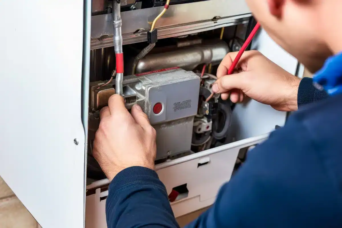 HVAC professional works on repairing home furnace