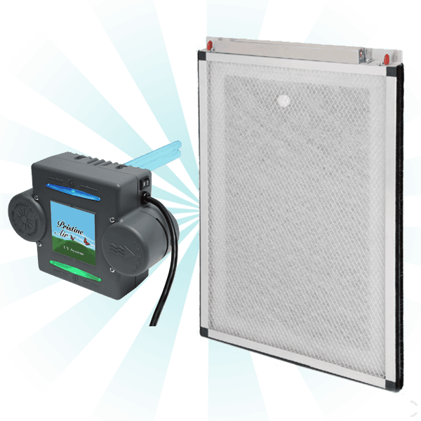 Image of a pest control device. It consists of two main components: a black electronic box with various labeled buttons and lights, and a large, rectangular mesh screen likely used for trapping insects. The items are isolated against a solid turquoise background, resembling sophisticated HVAC service tools.