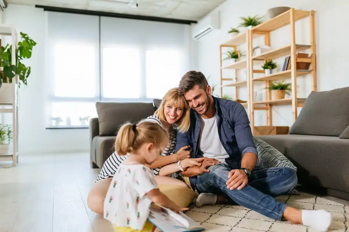 happy family enjoys new air filtration system in comfortable home