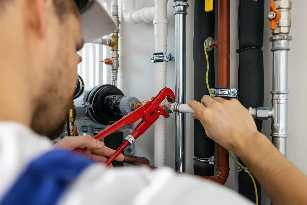 man working on plumbing pipes