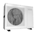 The image shows an outdoor HVAC unit with a large fan enclosed in a protective metal grille. The unit, ideal for air conditioning repair or furnace repair, has a rectangular shape with a white exterior and is mounted on two black brackets at the bottom.