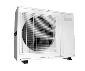 The image shows an outdoor HVAC unit with a large fan enclosed in a protective metal grille. The unit, ideal for air conditioning repair or furnace repair, has a rectangular shape with a white exterior and is mounted on two black brackets at the bottom.