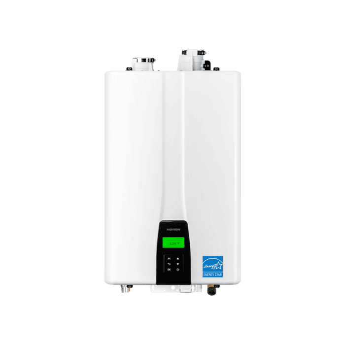 A white, rectangular tankless water heater with a digital control panel at the bottom center, displaying numbers on a green screen. The unit has a compact design and energy star certification logo in the corner, suitable for modern home heating systems.