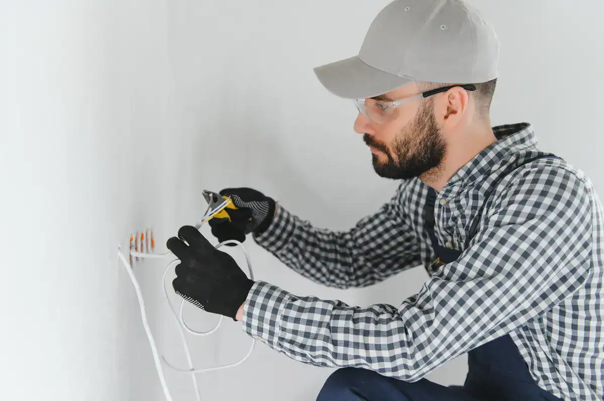 An electrician near me in Maple Grove, wearing a gray cap, safety glasses, a plaid shirt, gloves, and overalls is working on electrical wires connected to a wall outlet. They are using a tool to handle the wires, demonstrating concentration and focus on the task.
