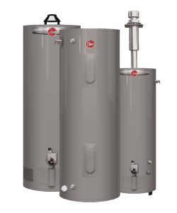 Three grey Rheem water heaters of varying sizes are shown side by side. Each water heater features pipes and valves for water connections, with two having black handles on top. The cylindrical units are positioned against a plain white background.
