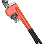 Red and black adjustable pipe wrench with a metallic jaw and textured handle, positioned at an angle, isolated on a white background.