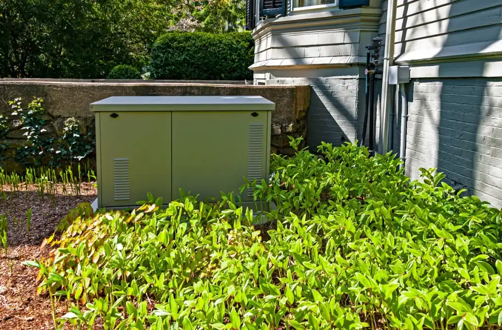 A gray electrical utility box is situated outside next to a large stone wall and the side of a house. Surrounding the box are dense, green plants and a bed of mulch. Trees and shrubs are visible in the background.