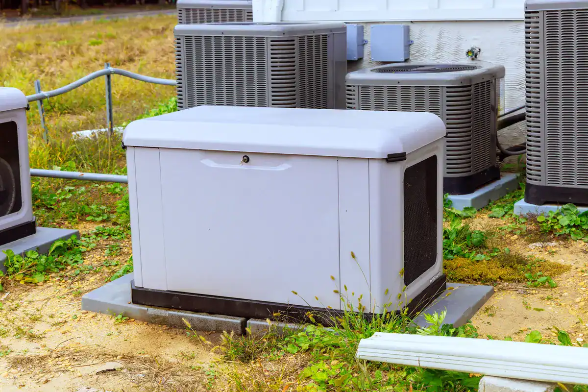 A standby generator is placed on a concrete pad in a backyard. It is surrounded by grass and weeds. Behind the generator, there are multiple air conditioning units next to a white building.