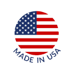 A circular emblem featuring the American flag design with stars and stripes on the left half and a red semi-circle on the right. Below the emblem are the words 