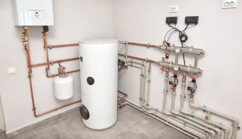 A utility room with a boiler system, including a tall cylindrical water heater, a smaller white tank, pipes, and gauges mounted on a light-colored wall. The floor is tiled, and there are various electrical connections visible.