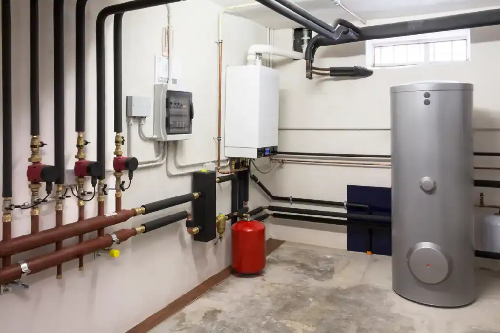 A utility room with a boiler system. The image shows various pipes, a hot water cylinder, and a wall-mounted control unit. The pipes are neatly arranged along the walls and ceiling, and the room has a small window near the ceiling.