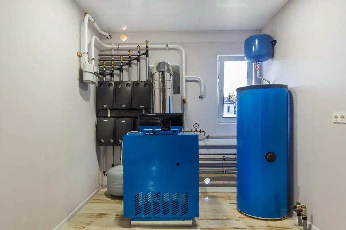 A neatly organized utility room in Richfield features a blue HVAC system and boiler. Pipes and valves align the wall, with a control panel visible. The room’s small window lets in natural light, adding warmth to the well-maintained space, perfect for those searching for