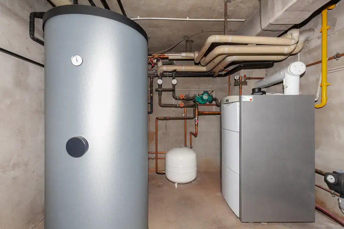 In a Hudson, WI basement, a modern HVAC setup features a large cylindrical tank on the left and a boiler unit on the right. Sleek pipes and valves line the walls and ceiling, with a white expansion tank resting on the floor for optimal performance.