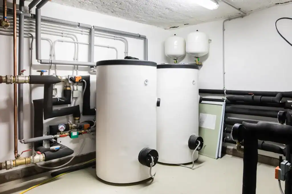 A utility room with two large white cylindrical water heaters. Various pipes and valves are connected to the units. The walls are white, and the ceiling has a fluorescent light fixture. Insulated pipes run along the ceiling and walls.
