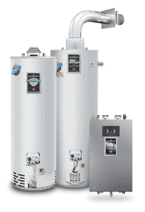 Two silver water heaters with labels and a digital control panel, featuring a tall vent pipe on one. A smaller, rectangular unit with control buttons is placed next to them.