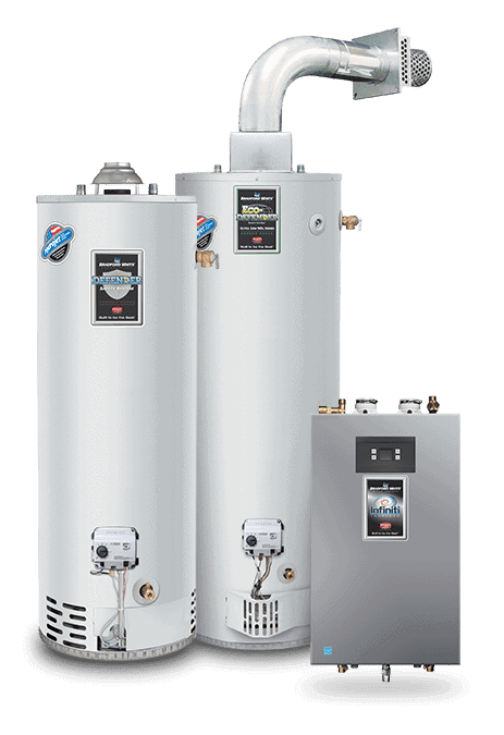 Two silver water heaters with labels and a digital control panel, featuring a tall vent pipe on one. A smaller, rectangular unit with control buttons is placed next to them.