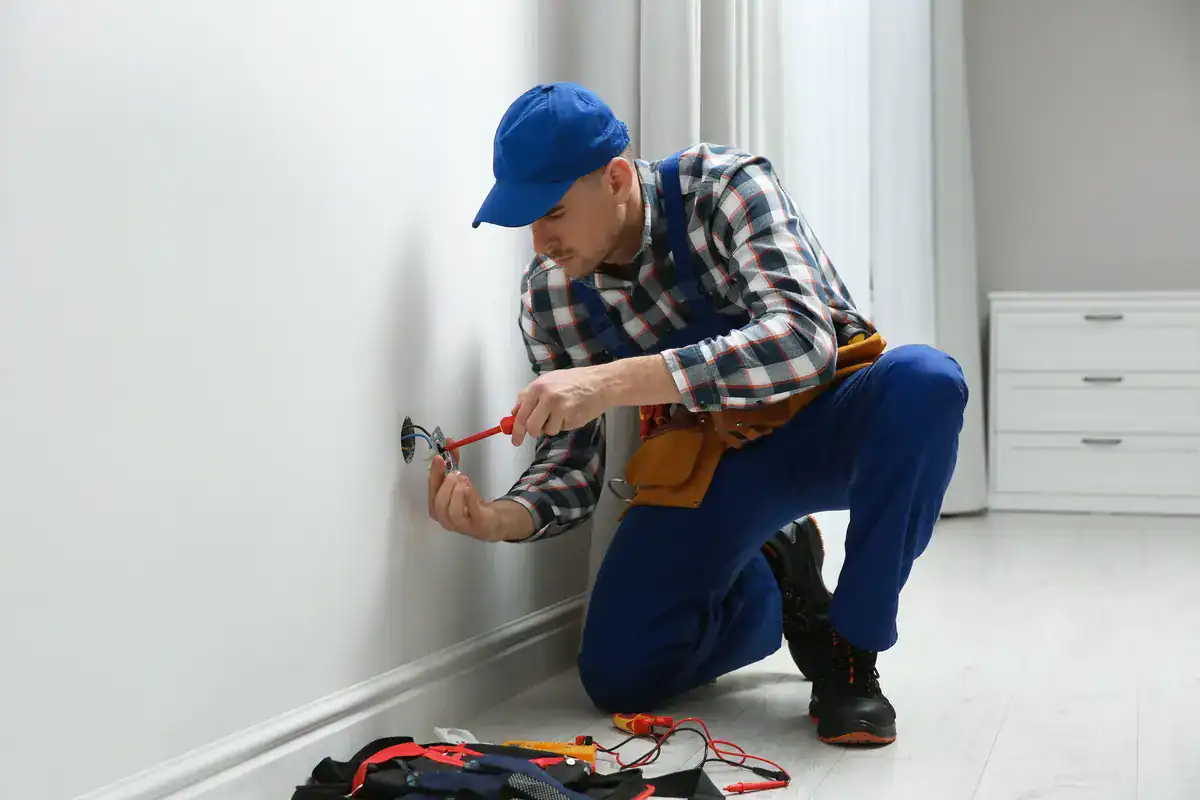 A local electrician near me in Manitowoc, wearing a blue cap and plaid shirt, kneels to deftly use a screwdriver on an electrical outlet against the pristine white wall. Tools lie scattered beside him as his trusty tool belt rests at his side in the serene white-walled room.