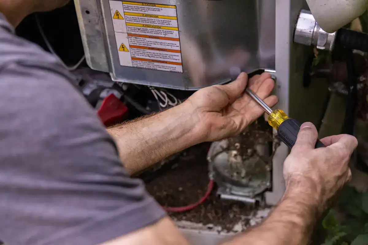 A person using a screwdriver to repair or maintain an HVAC unit, with warning labels visible on the metallic surface of the equipment. For those seeking HVAC services in Green Bay, finding reliable professionals