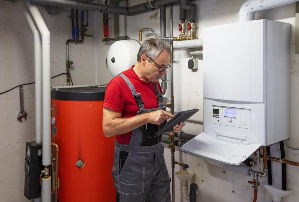 A person in overalls and a red shirt is inspecting a tablet while standing in a room with a white boiler and a red water cylinder. Various pipes and valves are visible in the background.